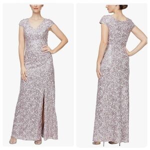 NWT Alex Evenings Women's Long Corded Lace with Surplice Neckline Mauve Size 4
